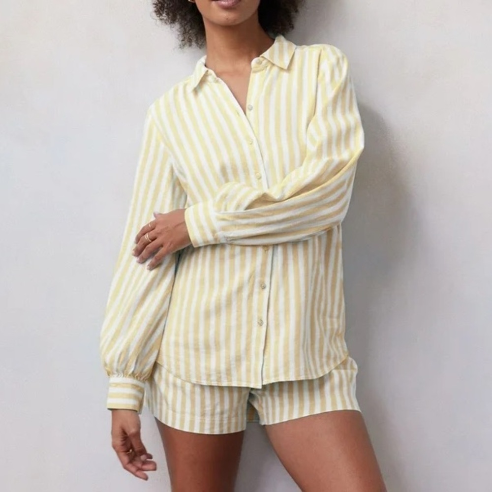 Women's LC Lauren Conrad Oversized Linen Blend Button Down Yellow Stripe Blouse